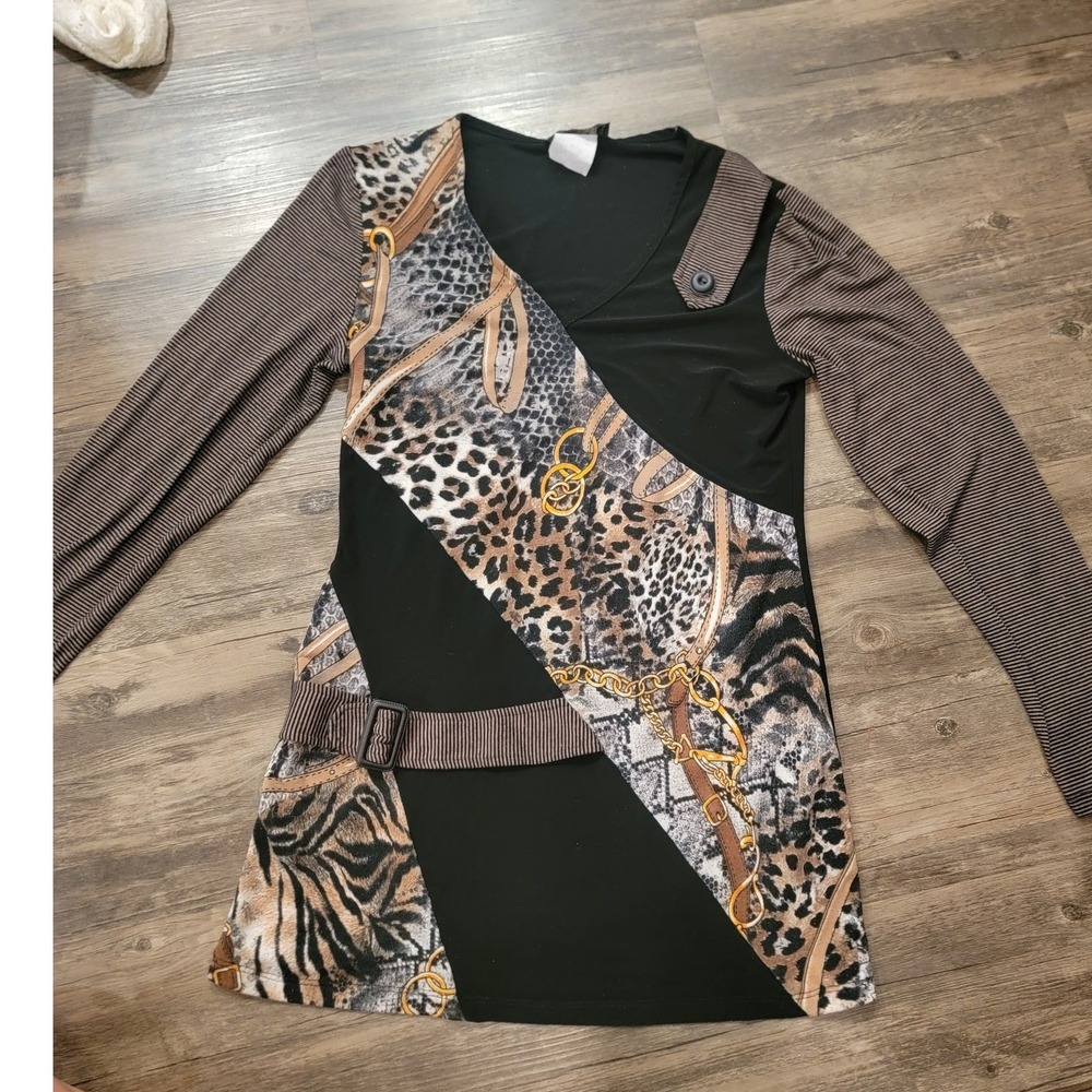 Bali Women Mixed Animal Print Long Sleeve Tunic Top Gold Chain Accent Style 4838